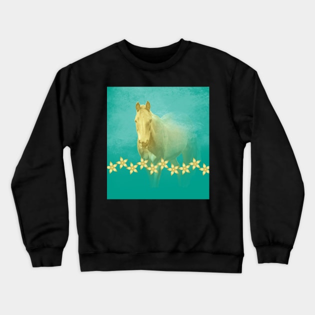 Golden ghost horse on teal Crewneck Sweatshirt by hereswendy